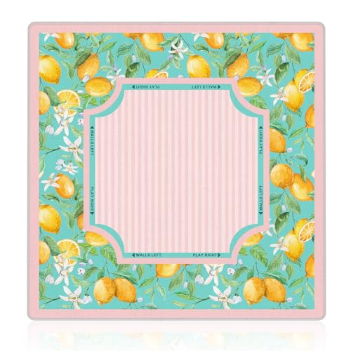 Teal and Lemon Floral Mahjong Mat 31.5"x31.5", Cottagecore Italian Lemon Pink Stripes Non-Slip Noise Reduction Gaming Mat for American Mahjong Poker Card Board Games Dominoes - color: Lemon Pink Stripes