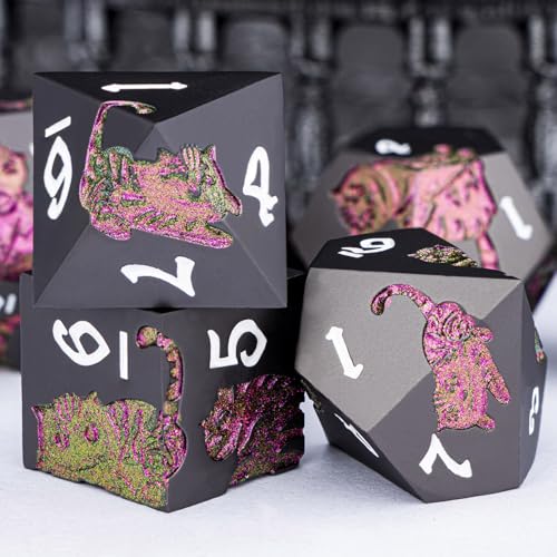Metal DND Cat Dice 7PCS Polyhedral RPG Dice Set with Gift Case for Dungeons Dragons Role Playing Game, D and D Dice D6 D8 D10 D12 D20 D% (Purplish Red) ﻿ - color: Cat-purple Red&black