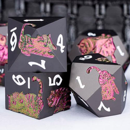 Metal DND Cat Dice 7PCS Polyhedral RPG Dice Set with Gift Case for Dungeons Dragons Role Playing Game, D and D Dice D6 D8 D10 D12 D20 D% (Purplish Red) ﻿ - color: Cat-purple Red&black