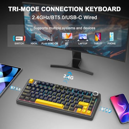 Aula F75 Wireless Mechanical Keyboard, 75% Hot Swappable Custom Gaming Keyboard with Knob,BT5.0/2.4GHz/USB-C,RGB Backlit,Pre-lubed Reaper Switches, Mechanical Gaming Keyboards (Black & Gold) - color: Black & Gold