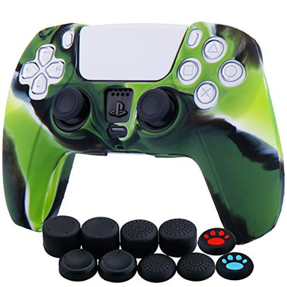 Silicone Cover Skin Case for PS5 Controller x 1(Camouflage Green) with Thumb Grips x 10