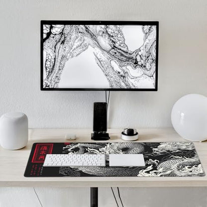 Large Gaming Mouse Pad with Dragon Design, Non-Slip, 35.4" x 15.7", Black and Red Japanese Style Desk Mat - color: Dragon