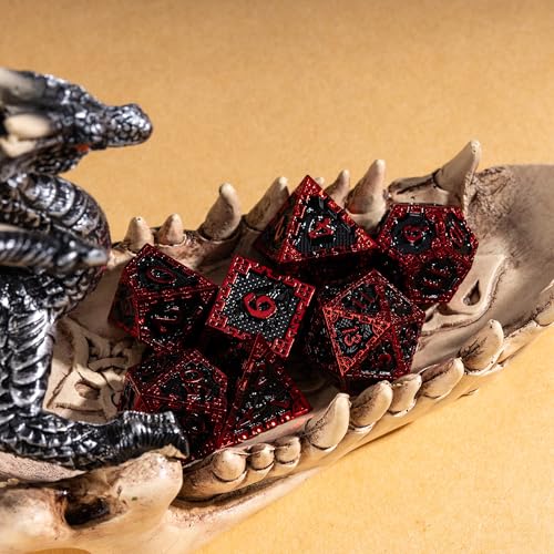 UDIXI Metal DND Dice Set, Metal Dice Set D&D for Tabletop Games (Black Red) | 7-Pieces, Dragon Carved, Chain-edge Design, Metal Gift Box, DM Gift, for Dungeons and Dragons Role Playing Games - color: Chain Frame-red Black