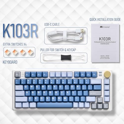 iRocks K103R Wireless Rechargeable RGB 75% Mechanical Gaming Keyboard, Hot Swappable Pre-lubed Switches, 81 PBT Keys, Gasket Mount, USB-C Detachable Cable (Ocean Blue, Bubble Switch) - color: Ocean Blue, size: Bubble Switch