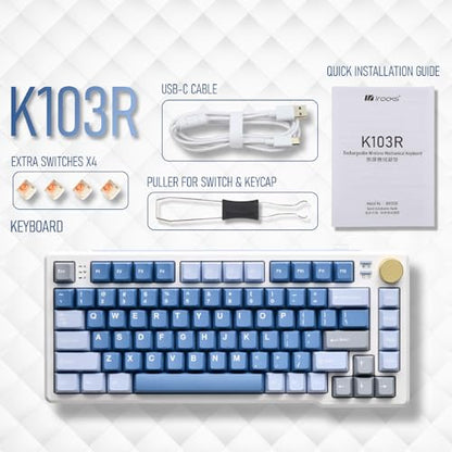 iRocks K103R Wireless Rechargeable RGB 75% Mechanical Gaming Keyboard, Hot Swappable Pre-lubed Switches, 81 PBT Keys, Gasket Mount, USB-C Detachable Cable (Ocean Blue, Bubble Switch) - color: Ocean Blue, size: Bubble Switch