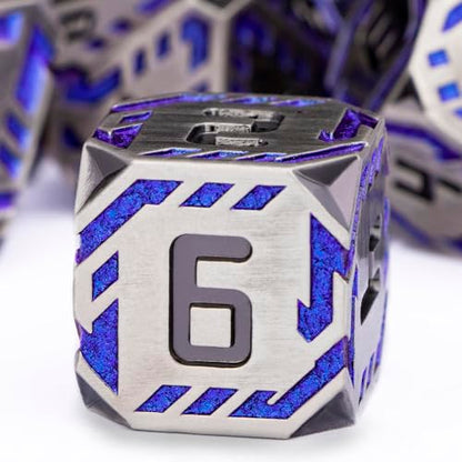 Metal DND Sci-fi Dice Set 7PCS Stripe Polyhedral Dice for Dungeons Dragons RPG Role Playing Game, Glitter D and D Dice with Gift Box D6 D8 D10 D12 D20 (Blue Purple&Grey) - color: Silver Gray - Blue
