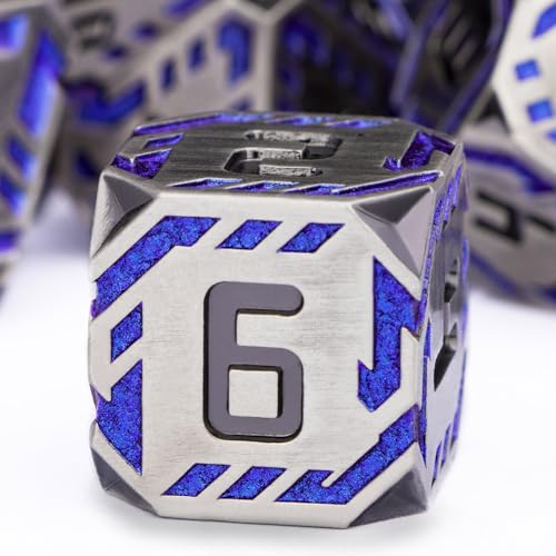 Metal DND Sci-fi Dice Set 7PCS Stripe Polyhedral Dice for Dungeons Dragons RPG Role Playing Game, Glitter D and D Dice with Gift Box D6 D8 D10 D12 D20 (Blue Purple&Grey) - color: Silver Gray - Blue
