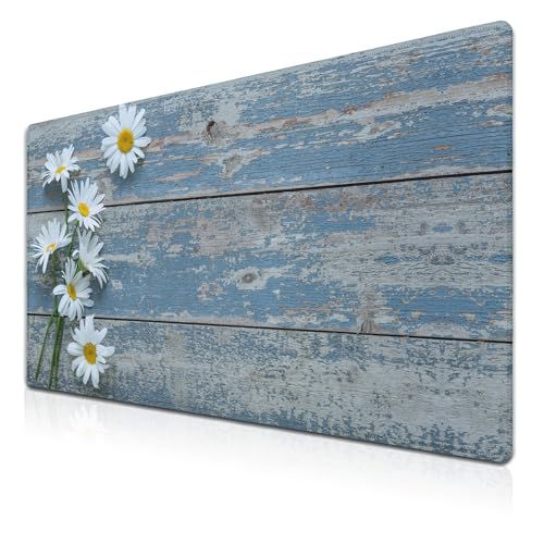 Computer Desk Mat Mouse Pad, Big Non-Slip Rubber Base Mousepad for PC, Work, Game, Office, Home - 35.4 X 15.7 Inch - Daisy Flowers on Old Wooden - color: Old Wooden