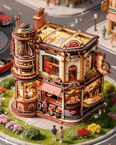 ROBOTIME Moving Coffee Factory 3D Wooden Puzzle for Adults — Mechanical Building Kit with Music Box & Warm LED Lights, 593PCS No-Glue Book Nook Kit, Miniature House Kit Desk Decor, Unique Gift