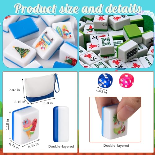 Soulchen 129 Pack 4 Players Mahjong Block Set(1.2'') Tiles Push Game Portable Travel Blue Mahjong Tiles Set with Carry Bag for Spring Summer Family Friends Party Game Gift, 32 Seasonal Pattern