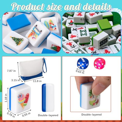 Soulchen 129 Pack 4 Players Mahjong Block Set(1.2'') Tiles Push Game Portable Travel Blue Mahjong Tiles Set with Carry Bag for Spring Summer Family Friends Party Game Gift, 32 Seasonal Pattern