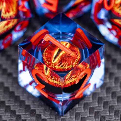 ARUOHHA DND Resin Dice Gazes Eye Dice Blue Red Liquid Core Flaming RPG Sharp Edged Dice Set with Gift Box, Polyhedral D and D Dice Set Compatible with Dungeons Dragons Role Playing Game D20 D6 - color: Sl01-blue Red