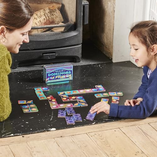 eeBoo Space Mini Dominoes Game - 28 Piece Planet Themed Set, Silver Holographic Foil Tiles, Tile Laying Matching Game, Screen-Free Fun, Kids Ages 3+ - style: Space