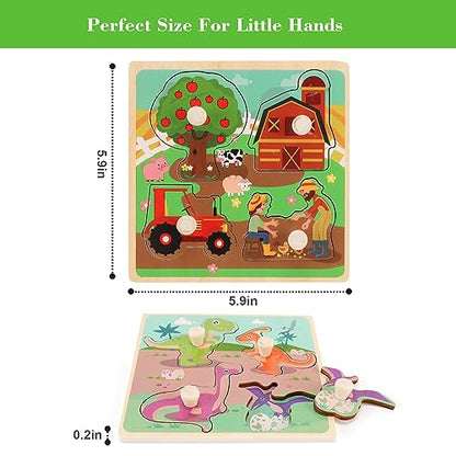 Wooden Peg Puzzles for Toddlers 1-3, Kids' Educational Preschool Peg Puzzle Toy, Set of 4 Toddler Puzzles - Farm, Dinosaur, Fruit and Marine Animals, Ideal Gift for Ages 1 2 3 Boys and Girls - color: Style a