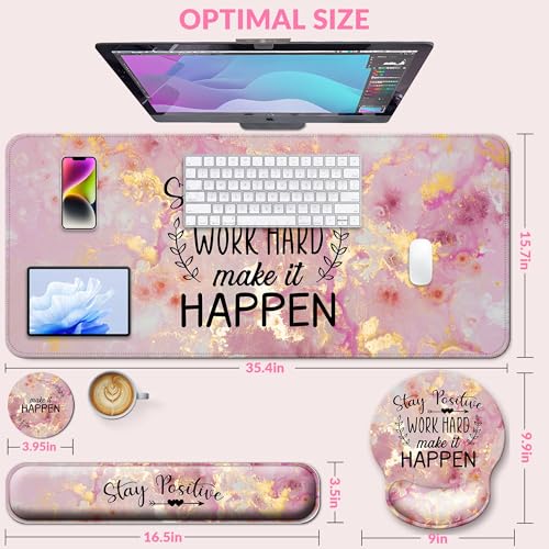 Desk Mat Set Keyboard and Mouse Pad with Wrist Rest Support | Ergonomic,Pain Relief, 4-in-1 Large Big Mousepad Computer Mats,Desk Pad Matt Mats for Desktop Home & Office - color: C1-Pink Stay Positive