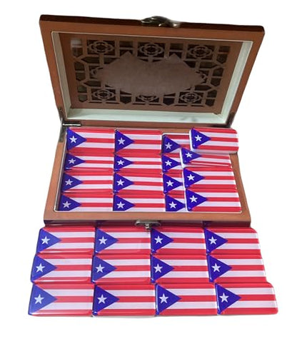 PRK 14 Premium Edition Puerto Rican Dominoes Set Deluxe – Double Six Domino Adult Tiles with Puerto Rico Flag Design – Resin & Clear Top Acrylic – Classic Artisan Wooden Storage Case Included