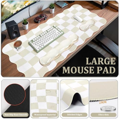 L-SPOUTTO Beige Checkered Mouse Pad Set,Scalloped XXL Desk Mat + Ergonomic Mouse Wrist Rest + Gel Keyboard Wrist Rest for Keyboard 65%/75%,3in1 Large Desk Pad for Desktop Home Office Computer Game - color: Beige Checkered