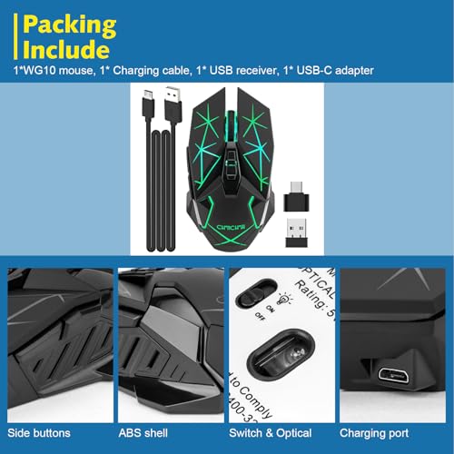 Rechargeable Wireless Gaming Mouse with Light Up, 3200 DPI for PC Computer | 7 Buttons, 4 Levels of DPI, Dynamic RGB LED, Side Buttons, 2.4G Wireless, Long Charging Wire Mouse for Laptop Desktop Win Mac