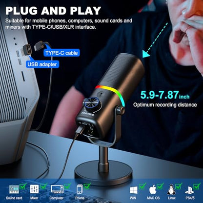 Microphone for PC, AK-10 USB/XLR Dynamic Desktop Microphone for Gaming,Podcast,Streaming with RGB Light,Volume Control,Mute Button,Noise Reduction(White) - color: White