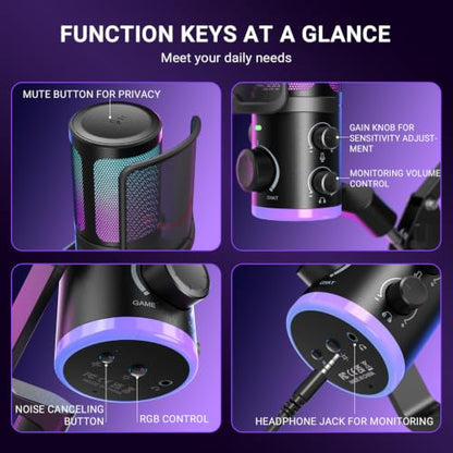 FIFINE AmpliGame AM6T Gaming USB Microphone Kit, Condenser Mic for PC/PS5 | Noise Cancellation, ChatMix Dial, Quick Mute, RGB Control, Gain Knob, Boom Arm, Monitoring, for Streaming Twitch Podcast