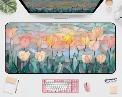Faux Colorful Glass Desk Mat, Tulip Long Mouse Pad, Large Gaming Computer Keyboard Mats, Soft Full Deskamt, Office Desktop Cover Pad, Aesthetic Desk Accessories, Suitable Women 31.5"X15.7" - color: Yellow Tulip