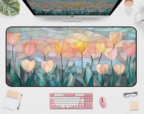 Faux Colorful Glass Desk Mat, Tulip Long Mouse Pad, Large Gaming Computer Keyboard Mats, Soft Full Deskamt, Office Desktop Cover Pad, Aesthetic Desk Accessories, Suitable Women 31.5"X15.7" - color: Yellow Tulip