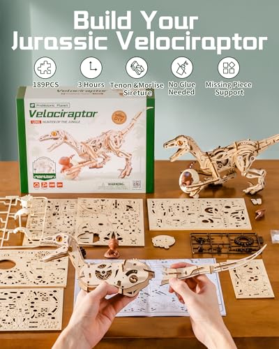 ROBOTIME Dinosaur 3D Wooden Puzzles, Velociraptor Model Kits can Walk, Mechanical Dinosaur STEM Toys, 3-D Puzzles Building Kit Gifts