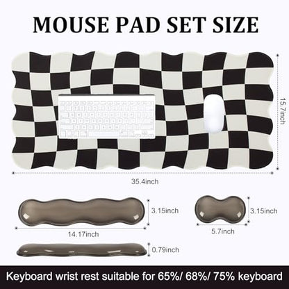 L-SPOUTTO Black Checkered Mouse Pad Set,Scalloped XXL Desk Mat + Ergonomic Mouse Wrist Rest + Gel Keyboard Wrist Rest for Keyboard 65%/75%,3in1 Large Desk Pad for Desktop Home Office Computer Game - color: Black Checkered