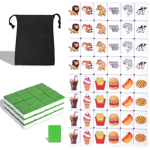 GRACIAS 2 Players Mahjong Block Set, Mahjong Tile Game with 50 Premium Green Tiles(30mm) Animal and Food Pattern, Portable Mahjongg Set with A Carry Bag - color: Green
