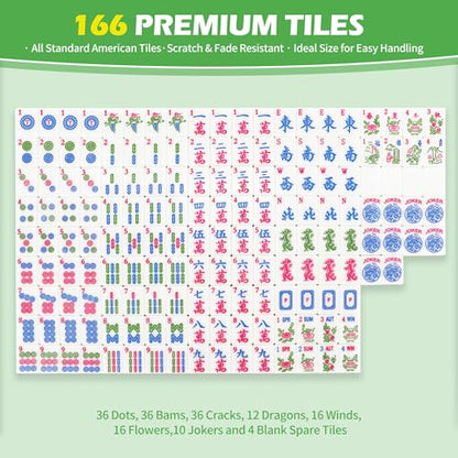 Jolitac American Mahjong Tile Set with 166 Tiles, 1.2-Inch Tiles & Accessories, Mahjong Gift Set with 3 Blue Dice and Mahjong Tile Bag, Portable Travel Game for Adults, Family Night, Gift (No Rack) - color: Green