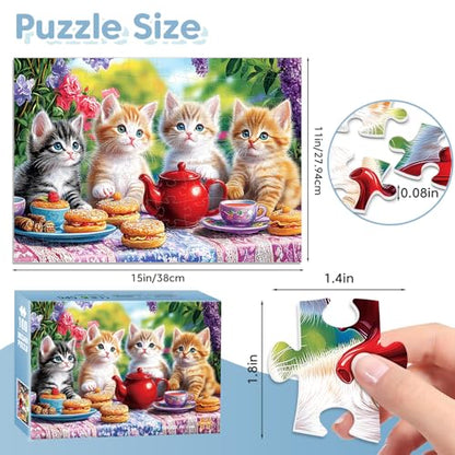 100 Piece Puzzles for Kids Ages 4-6, Kittens' Tea Time Jigsaw Puzzle, Educational Fun for Kids Ages 6-8 & 8-10, Large Piece Puzzles for Seniors & Adults, Creative Puzzle for Family Activities - style: Kittens' Tea Time