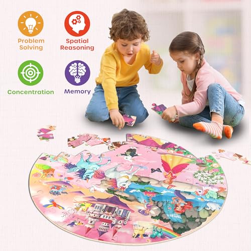 SYNARRY Unicorn Princess Mermaid Fairy Floor Puzzle for Kids Ages 3-5, Large 70 Piece Wooden Puzzle for Kids Ages 4-6, Preschool Toys Gifts for 3 4 5 6 7 8 Years Old Boys Girls Children - style: Unicorn Princess Mermaid Fairy