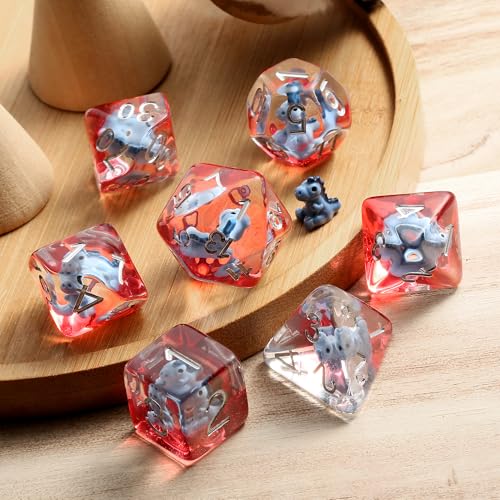 DNDND 7-Piece Baby Dinosaur Themed DND Dice Set - Resin Polyhedral Dice with Sivler Numbers for Dungeons and Dragons Pathfinder (Baby Dinosaur) - color: Baby Dinosaur