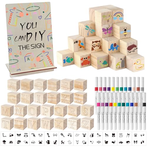 117 Pcs Baby Shower Blocks to Decorate Game Kit Includes 52 Wooden Blocks 24 Markers 1 Game Sign 40 Templates to Paint (Wood) - color: Wood