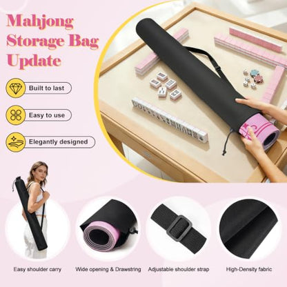 Shipped Rolled Mahjong Mat with Rules Without Creases, 3mm, 32.5" x 32.5" | Anti-Slip Rubber Base, Travel-ready with Carry Bag, Soft & Water-Repellent Surface, Noise-Reduce, for Poker & Card game - color: Pink
