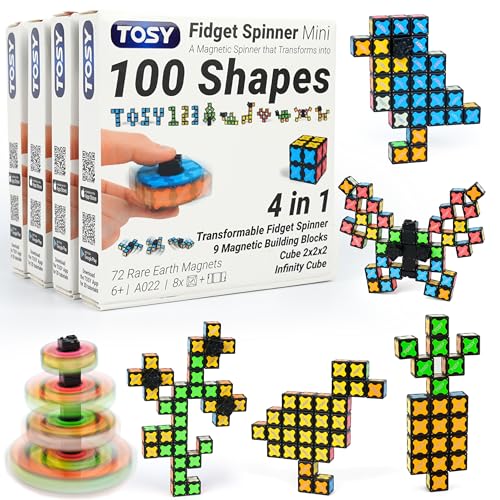TOSY Magnet Fidget Spinner Mini - 8 Blocks, 3 in 1 Toy: Transformable Fidget Spinner, Infinity Cube, 2x2 Puzzle Cube, Stress Relief, STEM Magnet Tiles Birthday Gift for Kids/Boys/Girls/Adults, 4-Pack - color: Mini B (Set of 4)