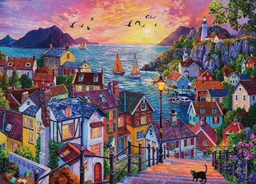 SarallunaSunset Harbor Village Puzzle for Adults 1000 Pieces | Coastal Town Oil Art Jigsaw Puzzle, Storage Bag Included, Wall Decor, 27.5" x 19.6" - color: Colorful House 1000 Pieces