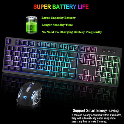 Wireless RGB Gaming Keyboard and Mouse - Rechargeable RGB Backlit,Long Battery Life,Mechanical Feel,7 Color Gaming Mouse for PC Game and Work