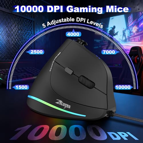 TRELC Wired Gaming Mouse with 5 D Rocker, 10000 DPI/11 Programmable Buttons, Vertical Ergonomic Mouse with On-Board Memory, Optical Computer Mice for PC/Laptop/E-Sports/Gamer - color: Wired, 10000 DPI