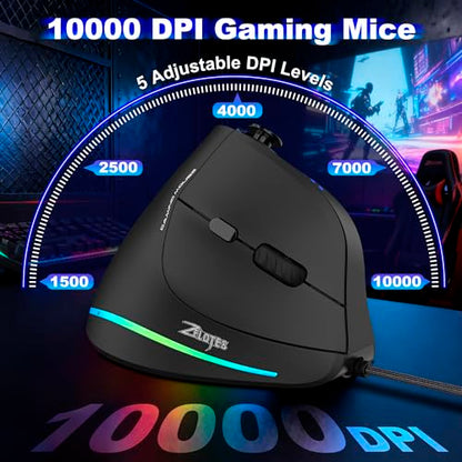 TRELC Wired Gaming Mouse with 5 D Rocker, 10000 DPI/11 Programmable Buttons, Vertical Ergonomic Mouse with On-Board Memory, Optical Computer Mice for PC/Laptop/E-Sports/Gamer - color: Wired, 10000 DPI