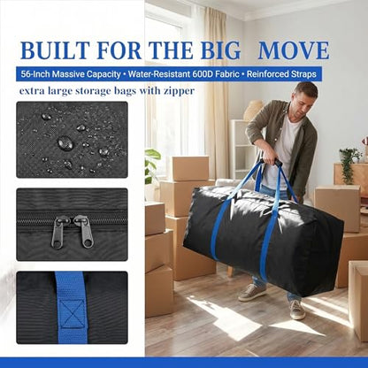 56 Inch Travel Duffel Bag, Heavy Duty 600D Foldable Large Capacity | 600D Water-Resistant Fabric, Reinforced Seams. Padded Handle & Blue Webbing. Folds Flat. For Camping, Gym, Sports & Travel. - size: 56"(L)*15"(W)*27"(H)