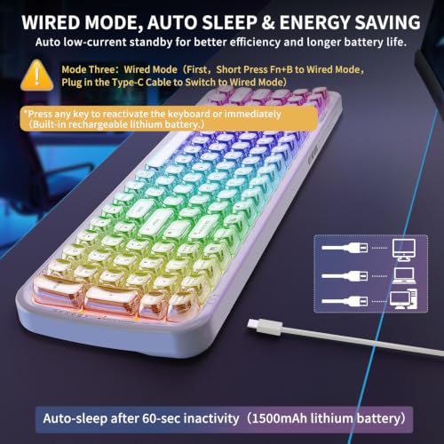 Wireless Computer Keyboard with RGB Backlit, Tri-Mode Bluetooth 5.0/USB-C/2.4GHz Ergonomic Gaming Keyboard - Full-Size Rechargeable Transparent Keycap for Laptop/Windows/PC - White - color: 732 White