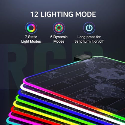 KTRIO RGB Large Gaming Mouse Pad, 31.5 x 15.7 in, RGB World Map, XXL | Smooth Micro-Weave Surface, RGB Lighting Design, Non-Slip Rubber Base, Durable Stitched Edges, Office & Home Use - color: RGB Map, size: 31.5l X 15.7w Inches