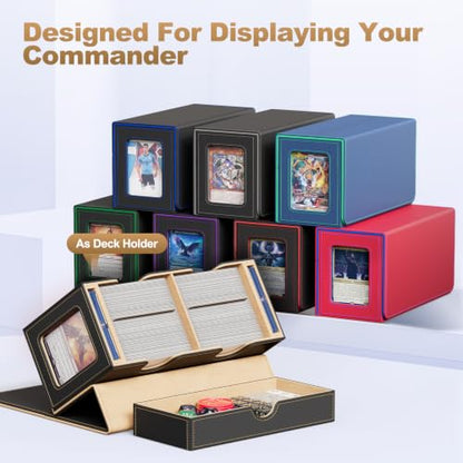 UAONO MTG Deck Box with 2 Commander Display and Dice Tray-Patented Design, Double Deck Box for 280+ Single Sleeved Cards, Leather Magnetic Card Storage Box Fits for TCG CCG Magic Cards (Black&Khaki) | 2 Magnetic Card Holders & 1 Dice Tray, Fits 200 Double