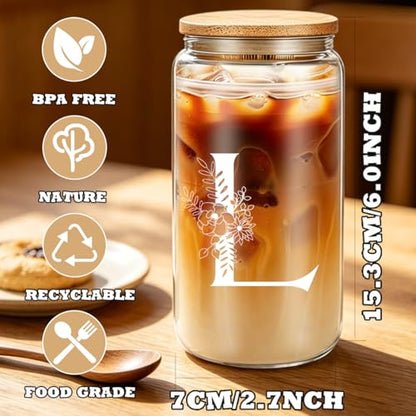 DHQH Birthday Gifts for Women, Monogrammed Gifts Gifts Box Included 16 oz Initial Glass Drinking Cup,Canvas Tote Bag, Personalized Iced Coffee Tumbler Gift for Women Her Mom Teacher Friends Sister, L - color: letter-cup-l