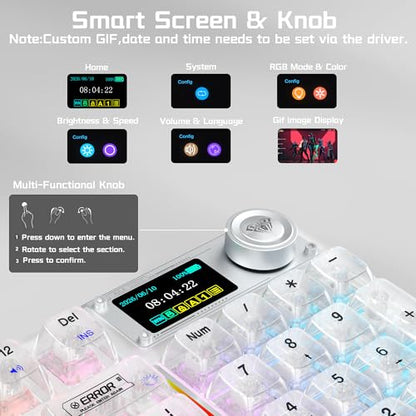Aula F98Pro V3 Wireless Mechanical Keyboard with Screen & Knob,Tri-Mode Hot Swappable Computer Keyboards,10000mAh Battery,Clear Keycaps RGB Backlit Gasket Mount White Gaming Keyboard for PC/Office - color: White