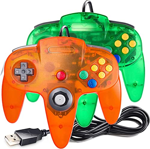 2 Pack USB Wired N64 Controller, miadore Classic N64 PC Gamepad Joystick Controller for Windows PC MAC Linux Raspberry Pi 3 (Green/Orange) - color: Green/Orange