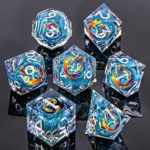 Roycevon Dragon Pattern Liquid Core DND Dice Set, 7Pcs Sharp Edge D&D Dice with Gift Box, Blue Resin Dungeons Dragons D and D Role Playing Dice D20 D12 D10 D8 D6 D4 - color: Blue