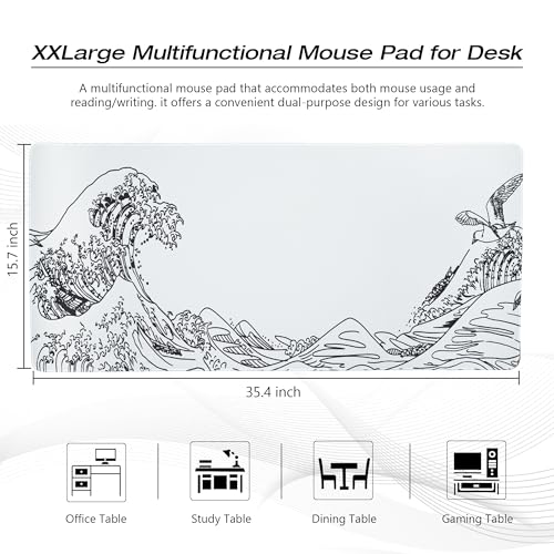 Large Gaming Mouse Pad for Desk,Kanagawa XXL Mouse Pad 35.4x15.7 Inch,Waterproof Desk Pad,Non-Slip Rubber Base Mice Pad,Keyboard Pad Computer Mat,White Mouse pad - color: Kanagawa(white)
