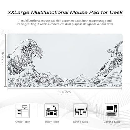 Large Gaming Mouse Pad for Desk,Kanagawa XXL Mouse Pad 35.4x15.7 Inch,Waterproof Desk Pad,Non-Slip Rubber Base Mice Pad,Keyboard Pad Computer Mat,White Mouse pad - color: Kanagawa(white)